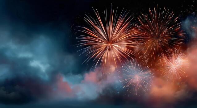 Fireworks in the sky with clouds and dark sky photo
