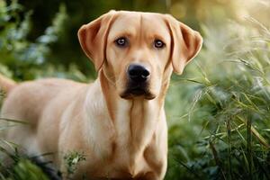 A dog is standing in the grass with a green background photo