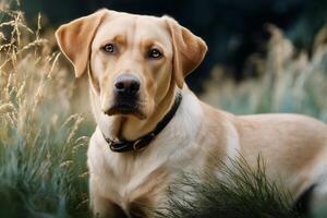 A dog sitting in tall grass with a green background photo