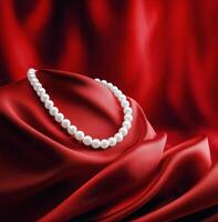 A pearl necklace on a red cloth photo