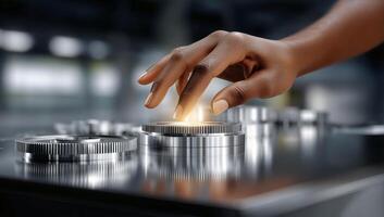 un persona es prensado un botón en un metal máquina foto