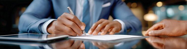 Two people in suits are signing a document photo