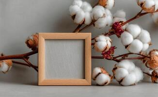 Wooden frame with cotton flowers on gray background photo