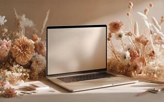 Laptop mockup on a table with flowers photo