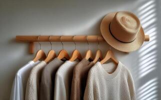 A hat and several sweaters hang on a rack photo