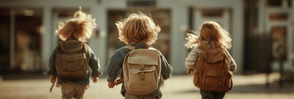 Three children with backpacks walking down the street photo