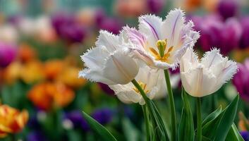 White and purple tulips are in a field photo