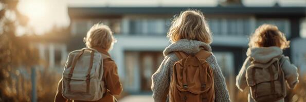 Three children walking with backpacks photo