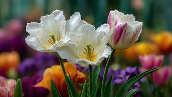 Three white and pink tulips are in a field photo