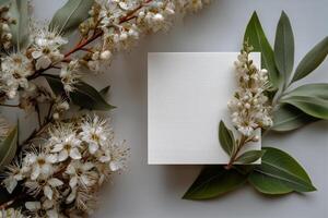 White paper with green leaves and flowers on grey background photo