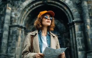 Young woman with map and hat looking at the city photo