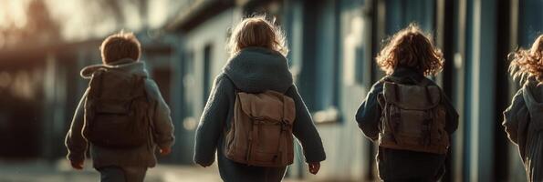 Back of three children walking in a line photo