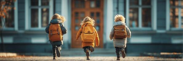 Three girls running in the street with backpacks photo