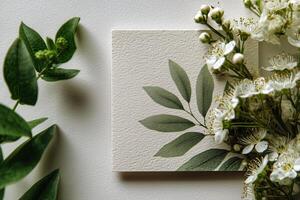 A white card with a green leaf on it photo