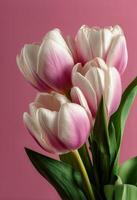 Three pink and white tulips in a vase on a pink background photo