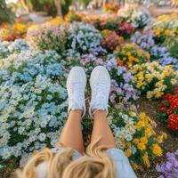 A woman wearing white sneakers in a field of flowers photo