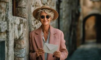 An older woman holding an envelope and smiling photo