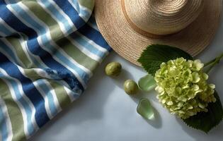 A hat, green flowers and a towel on a blue and green striped table photo