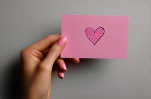 Woman's hand holding a pink card with a heart drawn on it photo