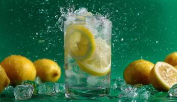 A glass of water with lemon slices and ice cubes photo