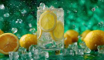 Lemon water with ice cubes photo