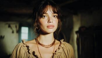 A woman in a brown dress with a necklace photo