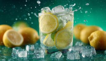Lemon water with ice cubes on green background photo