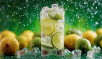 A glass of lemonade with lime slices and water photo