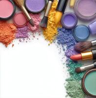 Colorful makeup products on white background photo