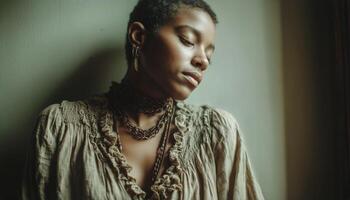 A woman with a necklace leaning against a wall photo
