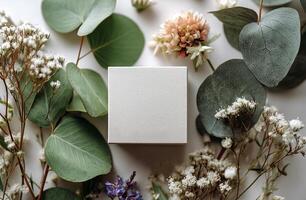 Eucalyptus flowers and white box mockup photo