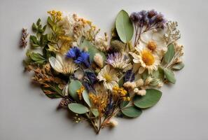 Heart of wildflowers on white background photo