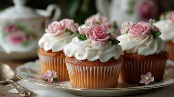 Cupcakes with pink roses on a plate photo