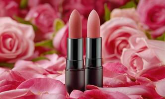 Two lipstick sticks are sitting on a flower bed photo
