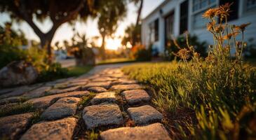 A stone path in front of a house at sunset photo