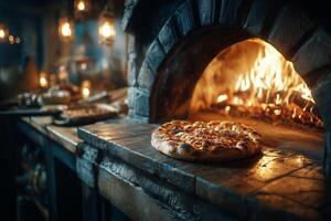 A pizza is sitting on a counter in front of an oven photo