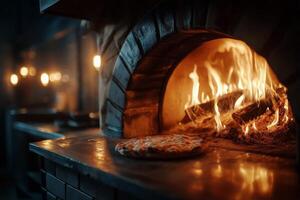 A pizza is being cooked in a wood burning oven photo