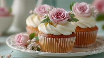 Cupcakes with pink roses on a white plate photo