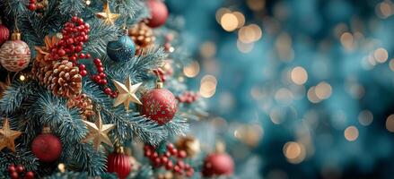 A christmas tree with ornaments and red and gold decorations photo