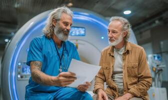 dos hombres sentado en frente de un mri máquina foto