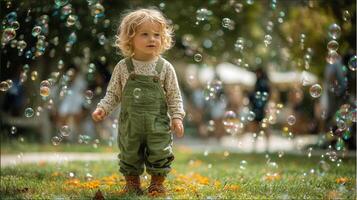A little girl standing in the grass with bubbles photo