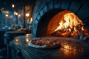 A pizza is sitting in front of a fire photo