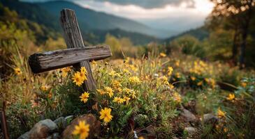 Wooden cross in the mountains photo
