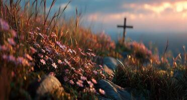 A cross is in the middle of a field with flowers photo