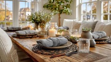 A dining room table with white chairs and a candle photo