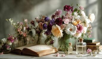 Still life flowers, book, perfume, perfume bottle, perfume, perfume bottle, perfume bottle, photo
