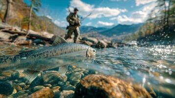 A man is fishing with a salmon in the river photo