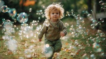 A young child running through a field of bubbles photo