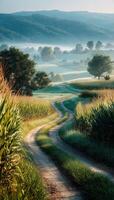 un suciedad la carretera devanado mediante un campo de maíz foto