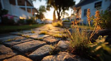 A stone path with grass and flowers in the foreground photo